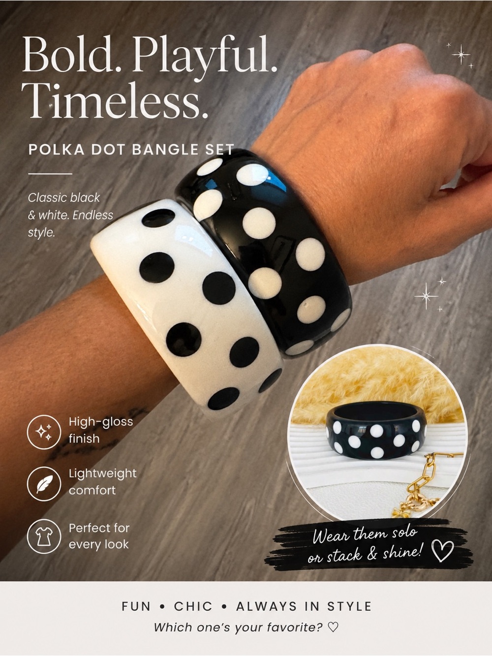 2 Retro Polka Dot Bangle Bracelets - Black & White